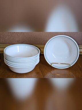 Set of 8 Vintage Corelle Rosemarie Cereal Soup Salad Bowls Double Green Bands
